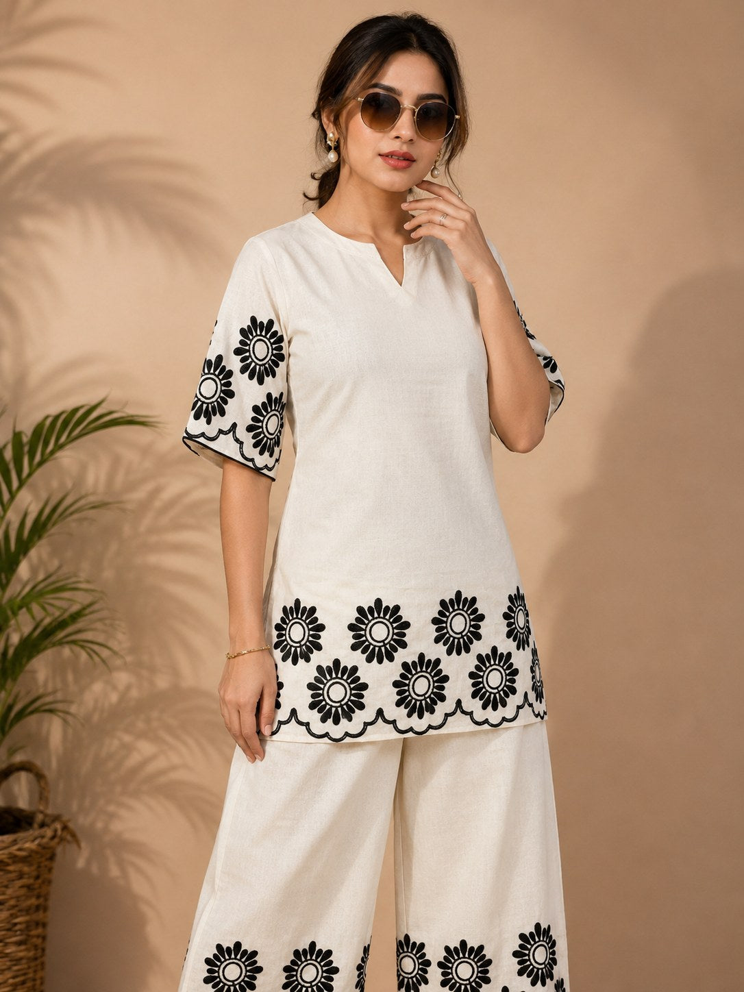 Off-White Cutwork Embroidered Khadi Cotton Co-ord Set - DC-108 - view 4