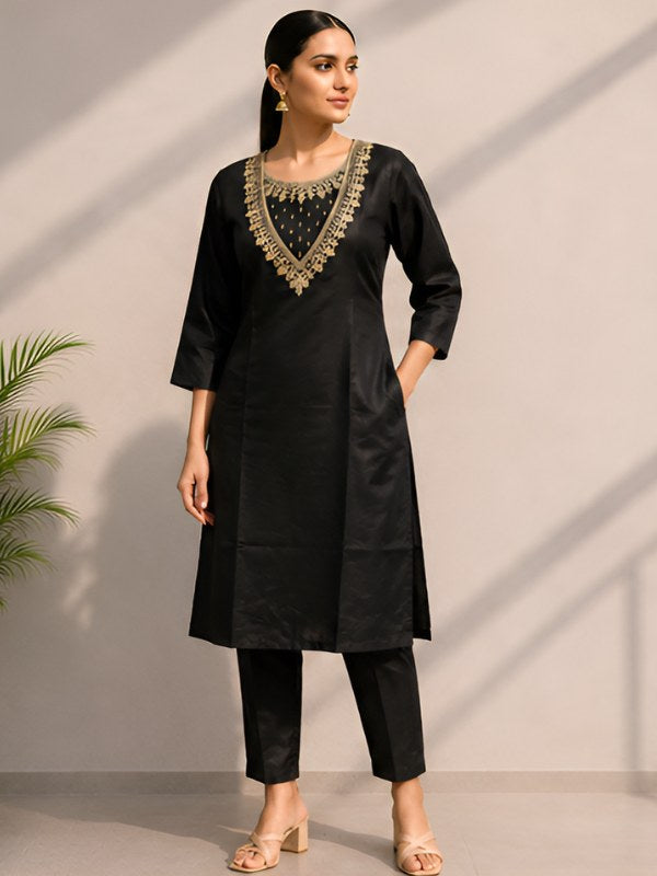 Black Silk Blend Co-ord Set with Gold Cording Embroidery - DC-116 - view 1