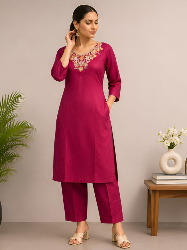 Rani Pink Silk Blend Co-ord Set with Cording Embroidery - DC-112 - view 3
