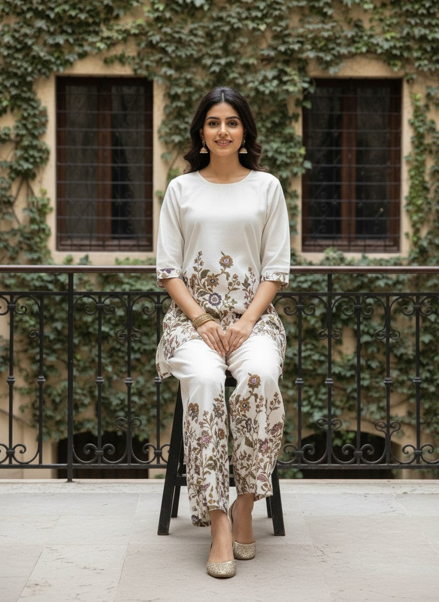 Ivory Floral Table Print Khadi Cotton Co-ord Set - DC-101 - view 5