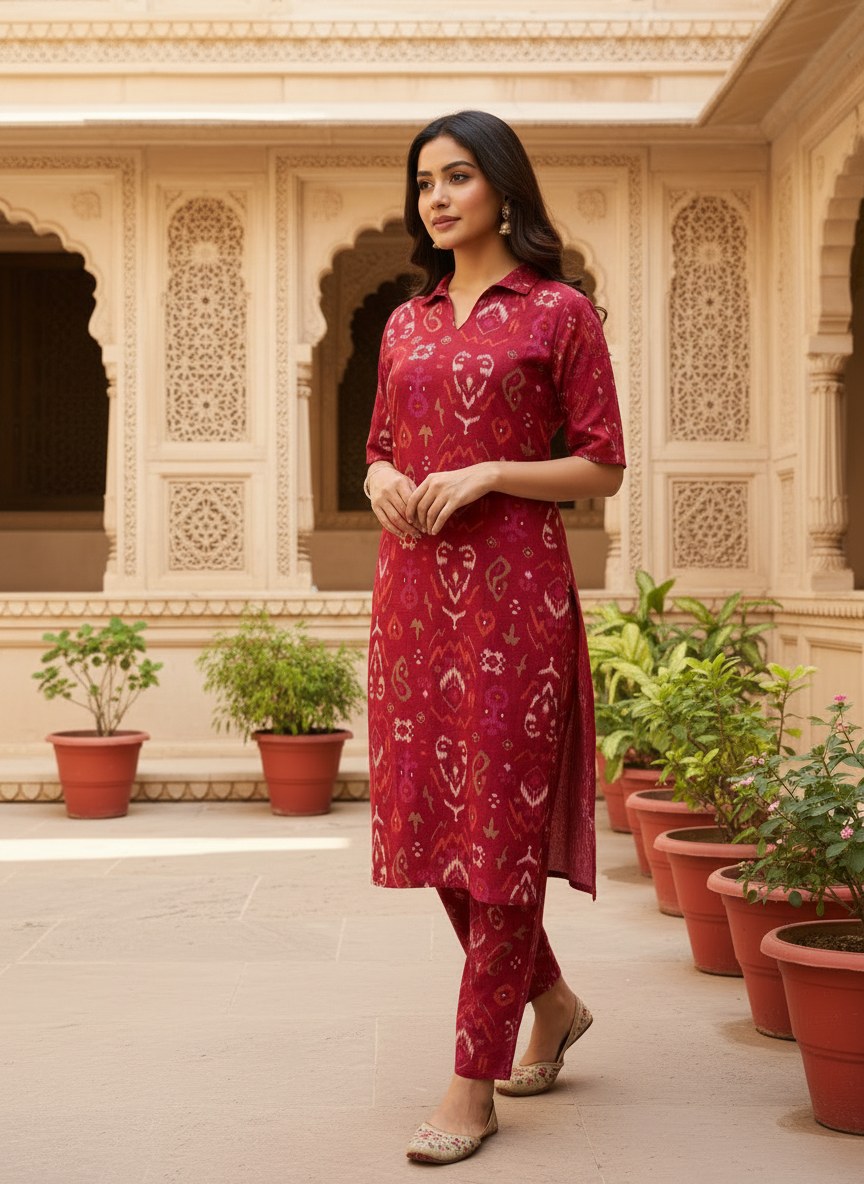 Maroon Ikat Print Co-ord Set - DC-105 - view 1