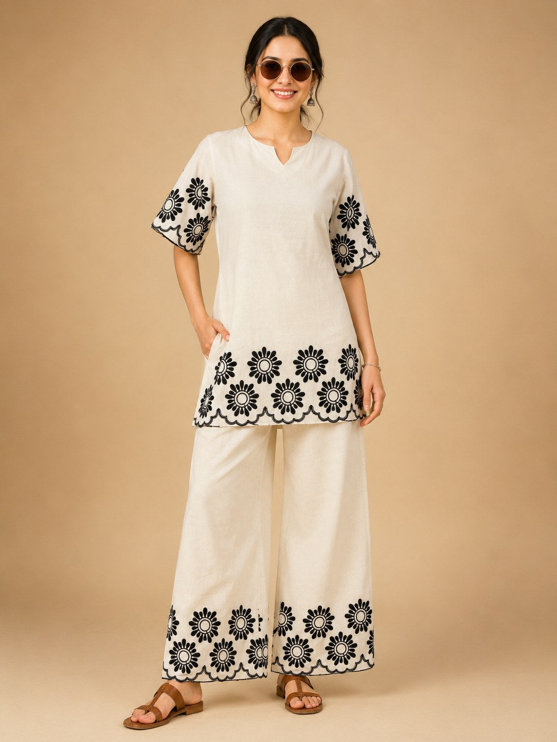 Off-White Cutwork Embroidered Khadi Cotton Co-ord Set - DC-108 - view 5
