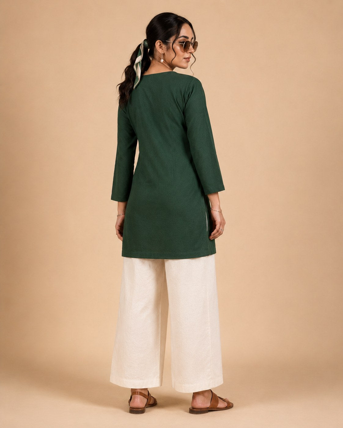 Bottle Green Embroidered Short Kurti & Palazzo Co-ord Set - DC-107 - view 6