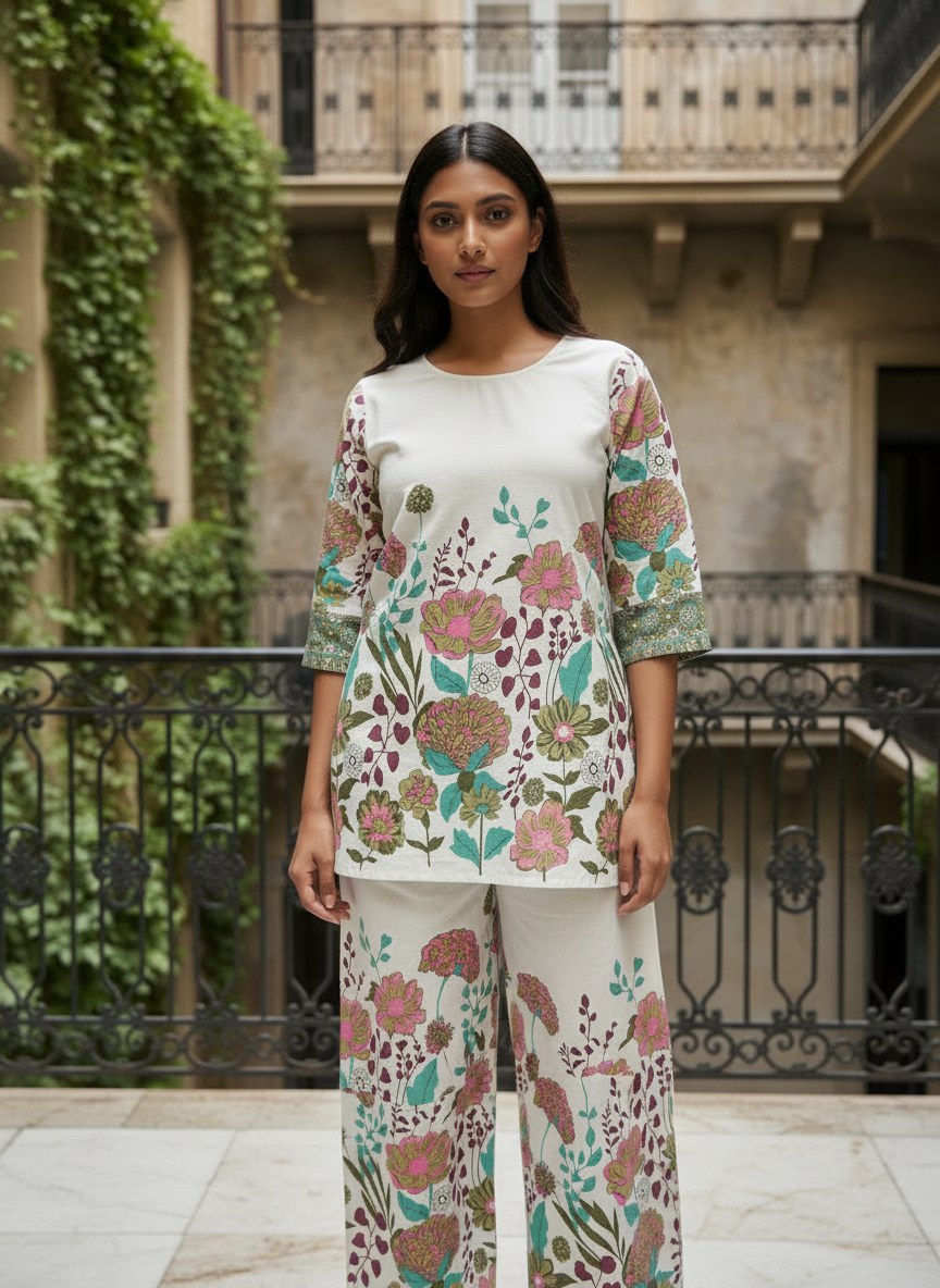 Ivory Multicolour Floral Print Khadi Cotton Co-ord Set - DC-102 - view 1