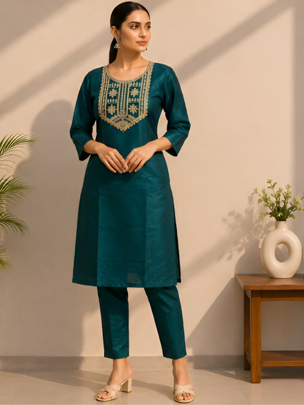 Teal Green Silk Blend Co-ord Set with Cording Embroidery - DC-115 - view 2