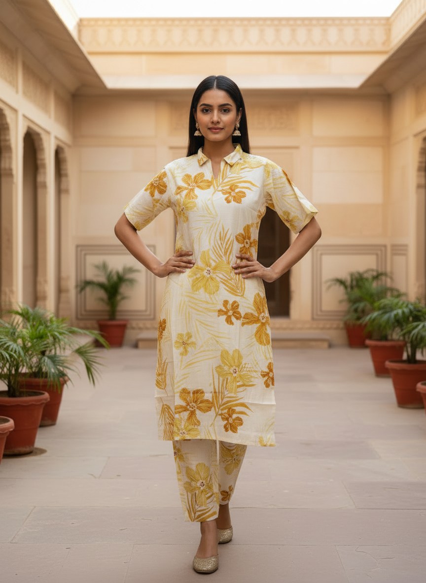Cream & Mustard Tropical Print Co-ord Set - DC-104 - view 1