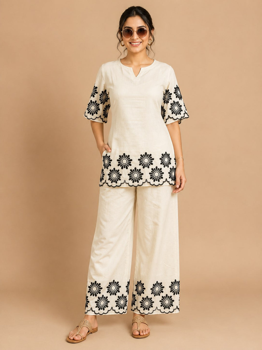 Off-White Cutwork Embroidered Khadi Cotton Co-ord Set - DC-108 - view 1