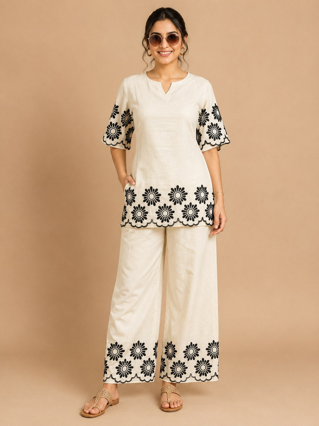 Off-White Cutwork Embroidered Khadi Cotton Co-ord Set - DC-108 - view 1