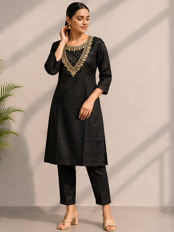 Black Silk Blend Co-ord Set with Gold Cording Embroidery - DC-116 - view 3