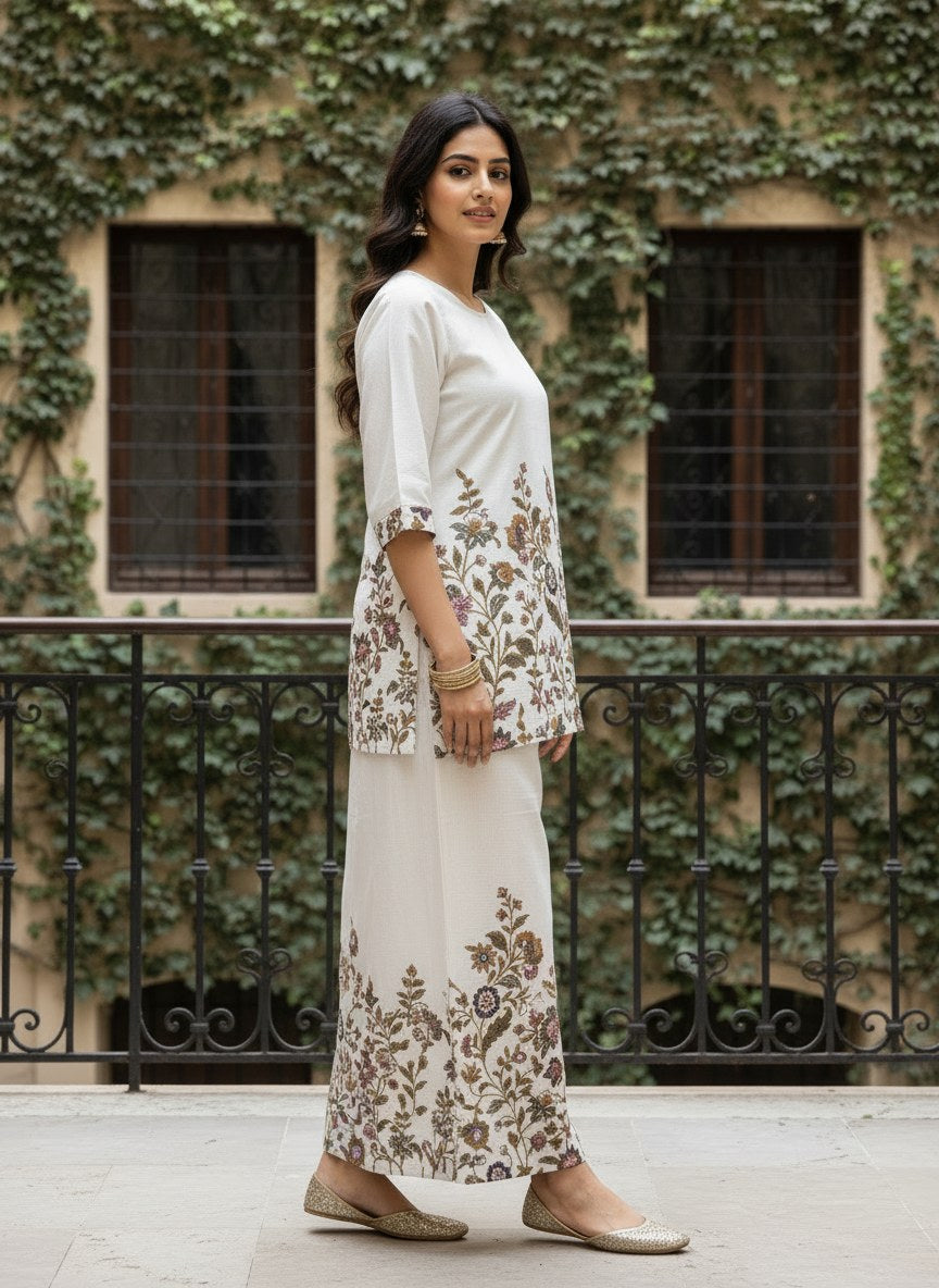 Ivory Floral Table Print Khadi Cotton Co-ord Set - DC-101 - view 4