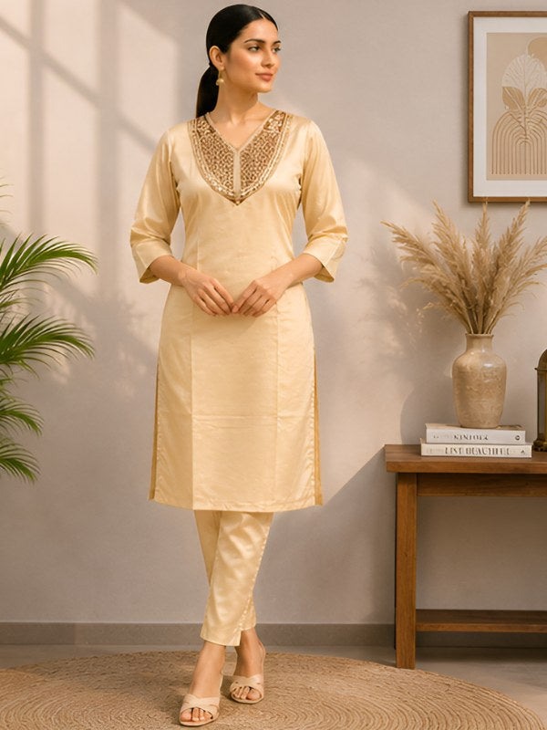 Golden Beige Silk Blend Co-ord Set with Cording Embroidery - DC-113 - view 2