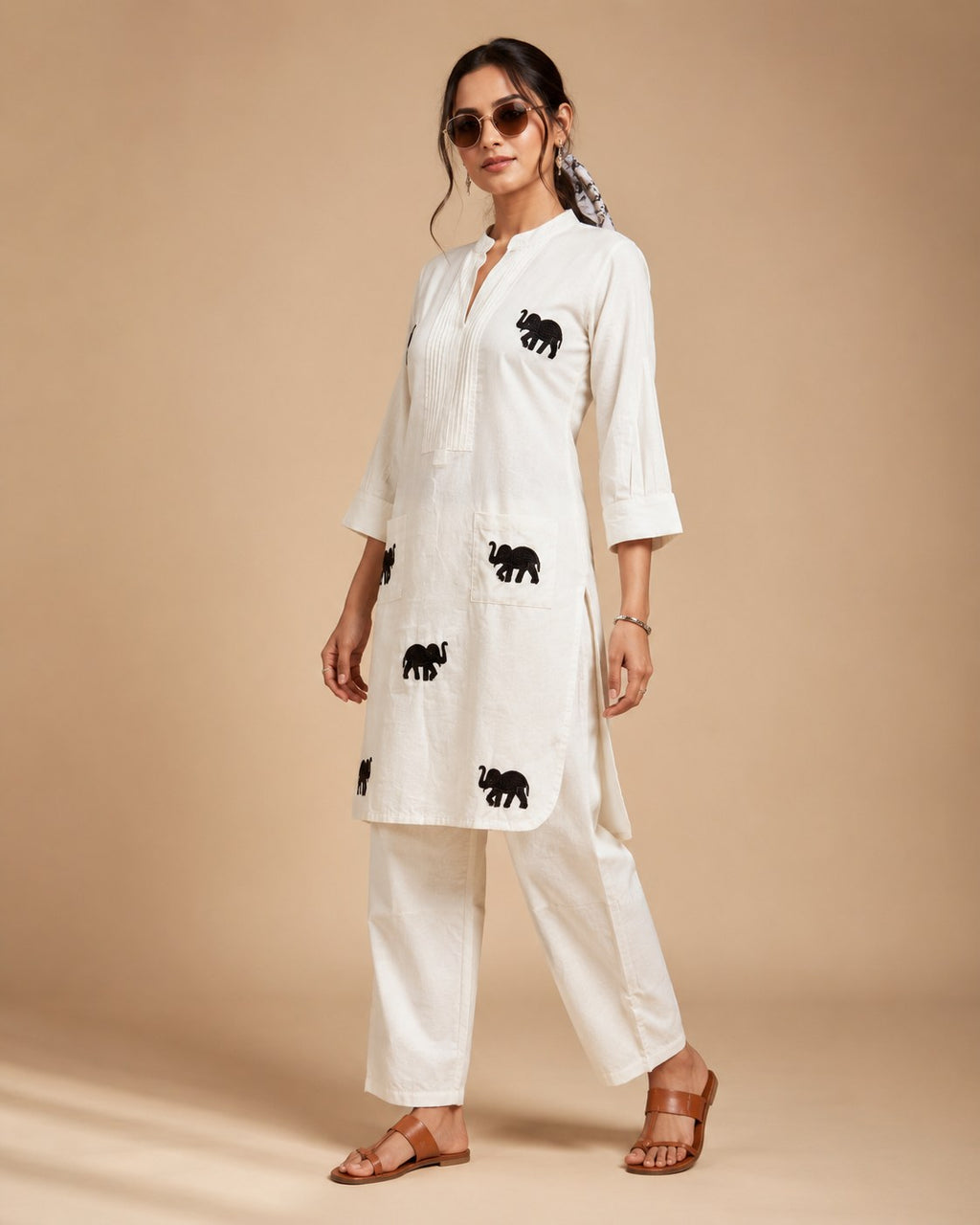 Off-White Elephant Embroidered Khadi Cotton Co-ord Set - DC-109 - view 5