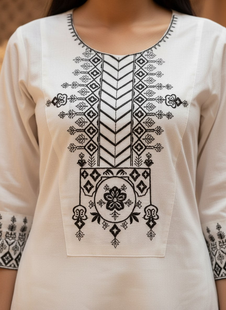 White Khadi Cotton Co-ord Set with Black Embroidery - DC-106 - view 5
