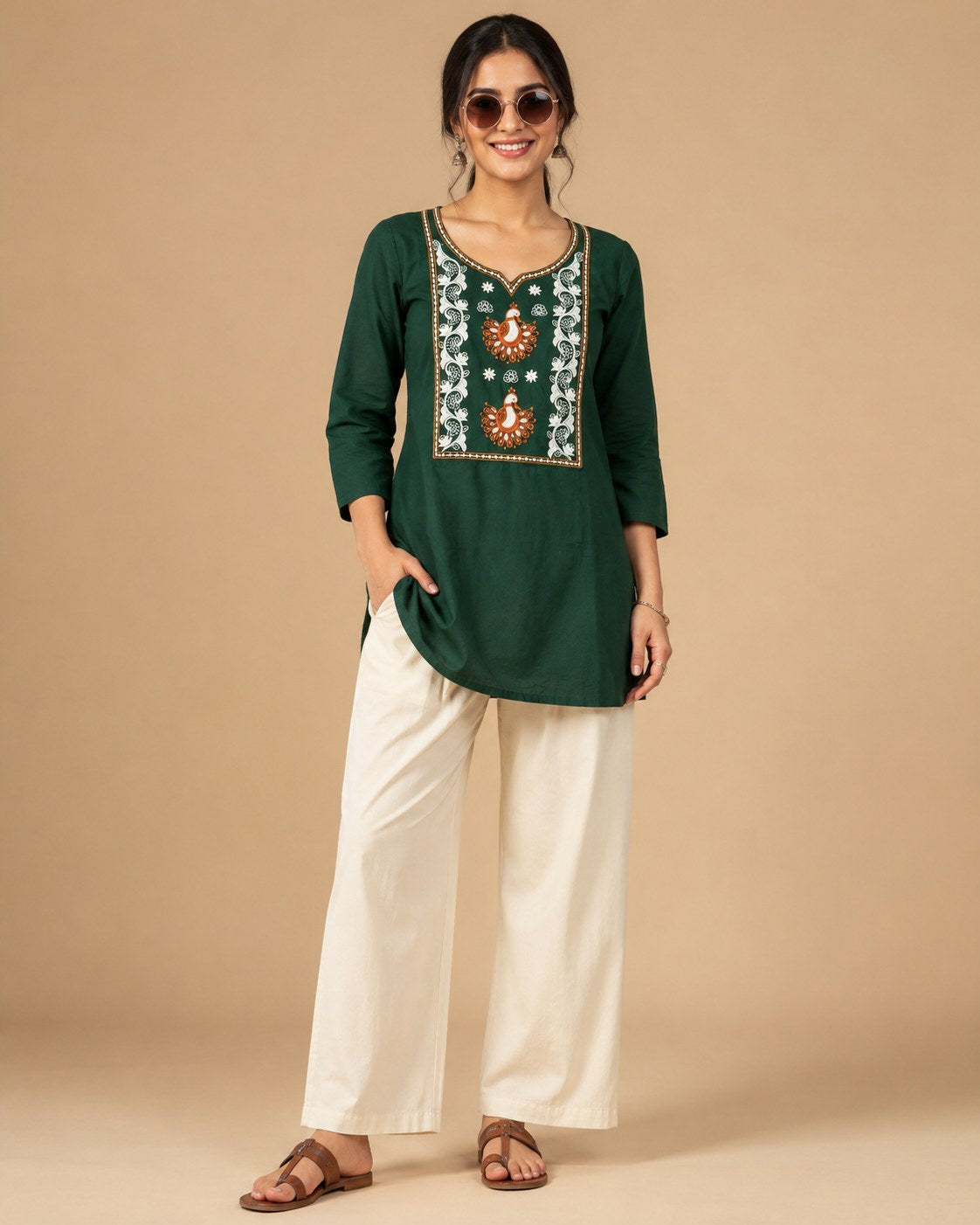 Bottle Green Embroidered Short Kurti & Palazzo Co-ord Set - DC-107 - view 3