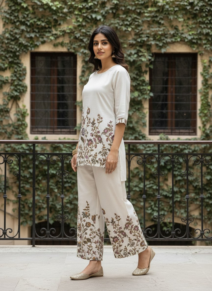 Ivory Floral Table Print Khadi Cotton Co-ord Set - DC-101 - view 3
