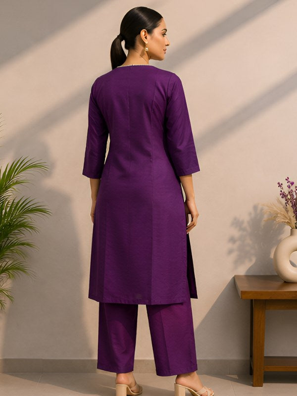 Purple Silk Blend Co-ord Set with Cording Embroidery - DC-114 - view 4