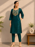 Teal Green Silk Blend Co-ord Set with Cording Embroidery - DC-115 - view 1