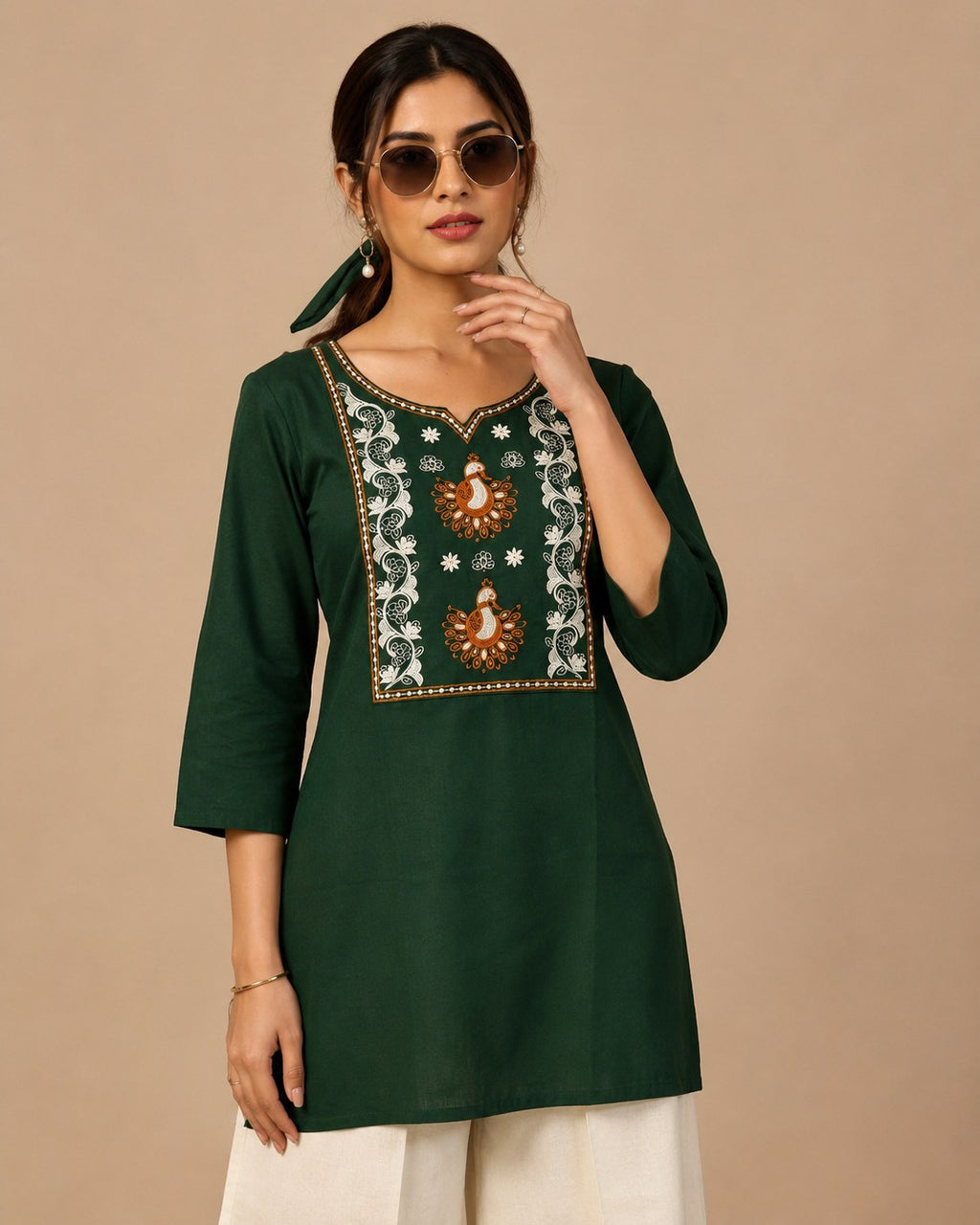 Bottle Green Embroidered Short Kurti & Palazzo Co-ord Set - DC-107 - view 4