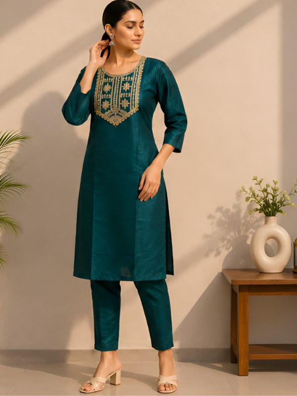 Teal Green Silk Blend Co-ord Set with Cording Embroidery - DC-115 - view 3