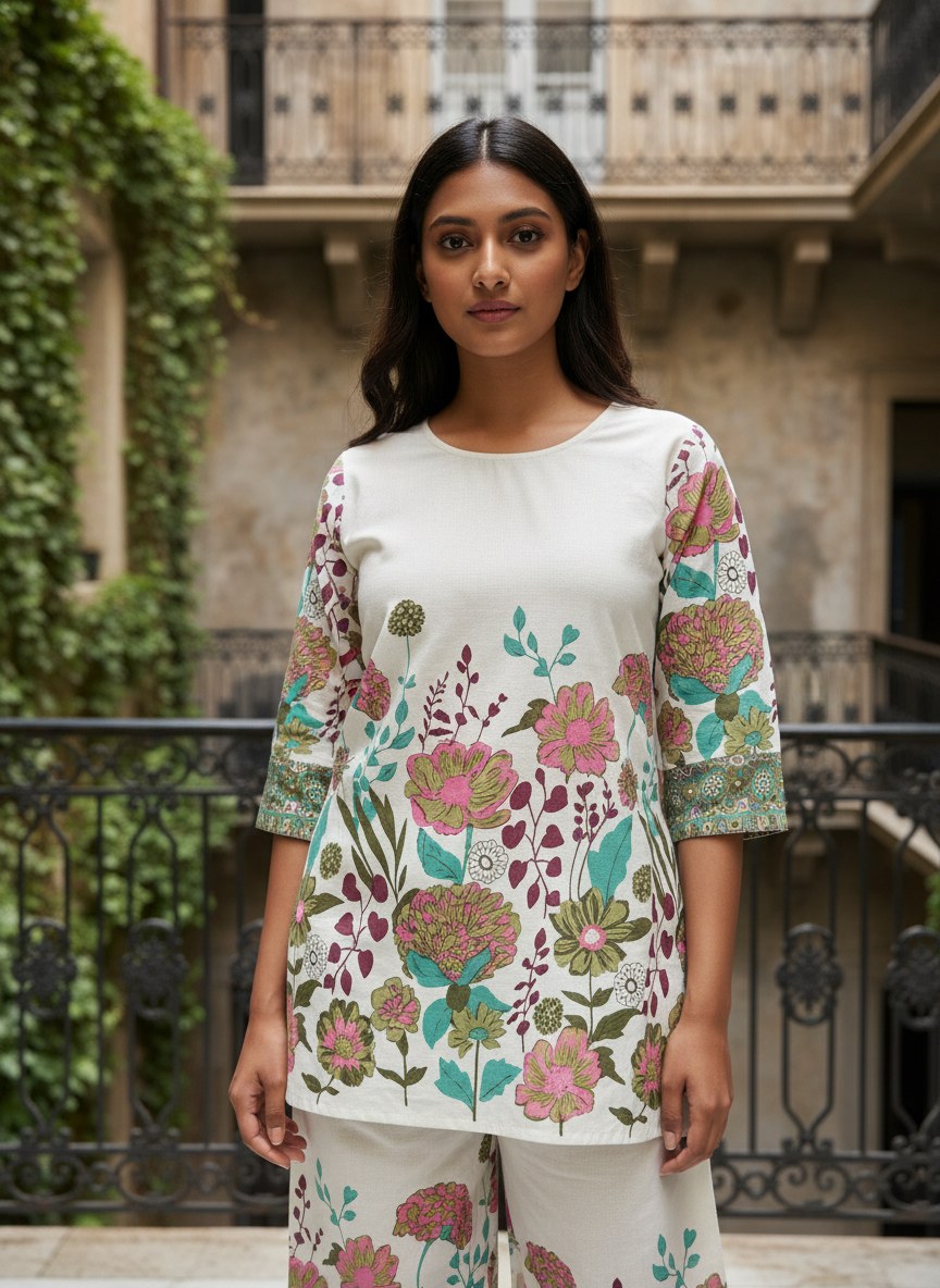 Ivory Multicolour Floral Print Khadi Cotton Co-ord Set - DC-102 - view 4
