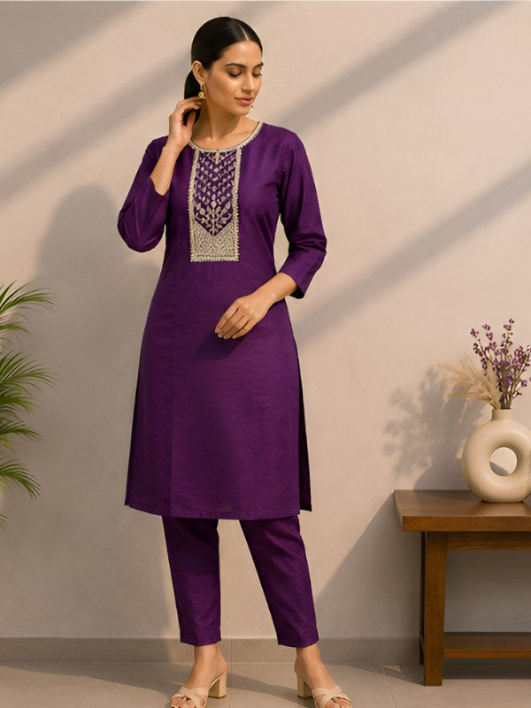 Purple Silk Blend Co-ord Set with Cording Embroidery - DC-114 - view 3