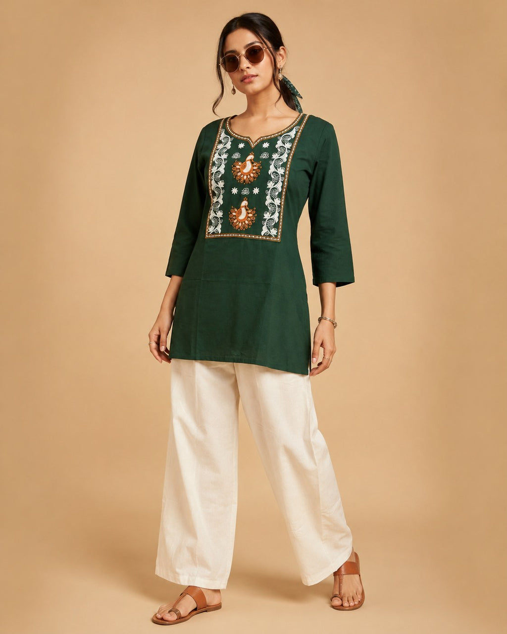 Bottle Green Embroidered Short Kurti & Palazzo Co-ord Set - DC-107 - view 5