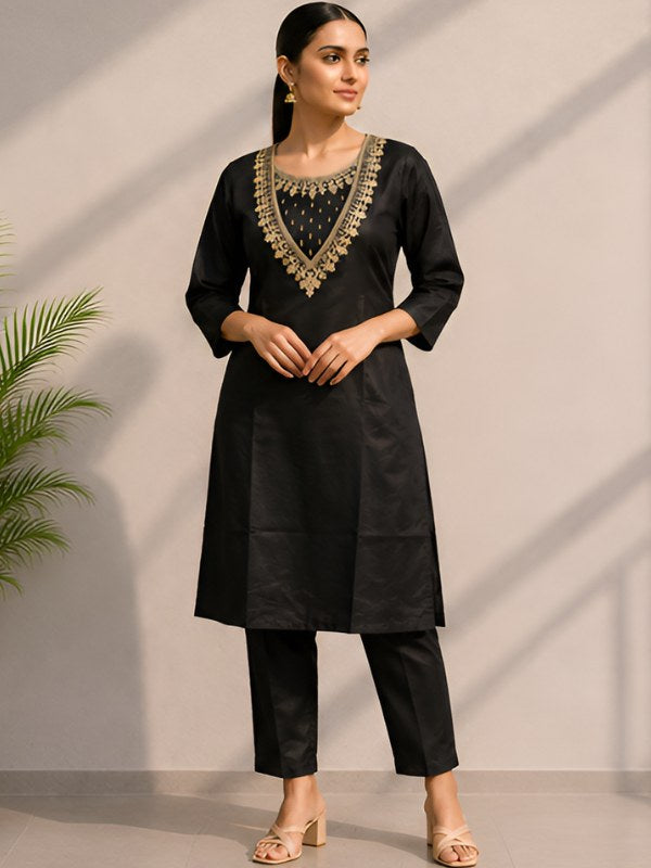 Black Silk Blend Co-ord Set with Gold Cording Embroidery - DC-116 - view 2