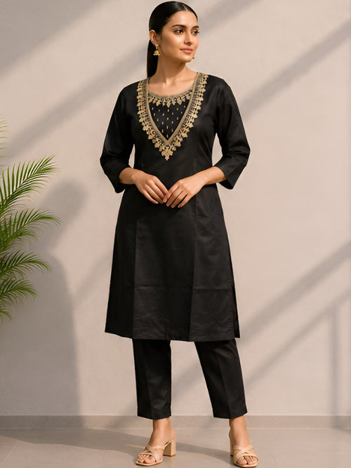 Black Silk Blend Co-ord Set with Gold Cording Embroidery - DC-116 - view 2