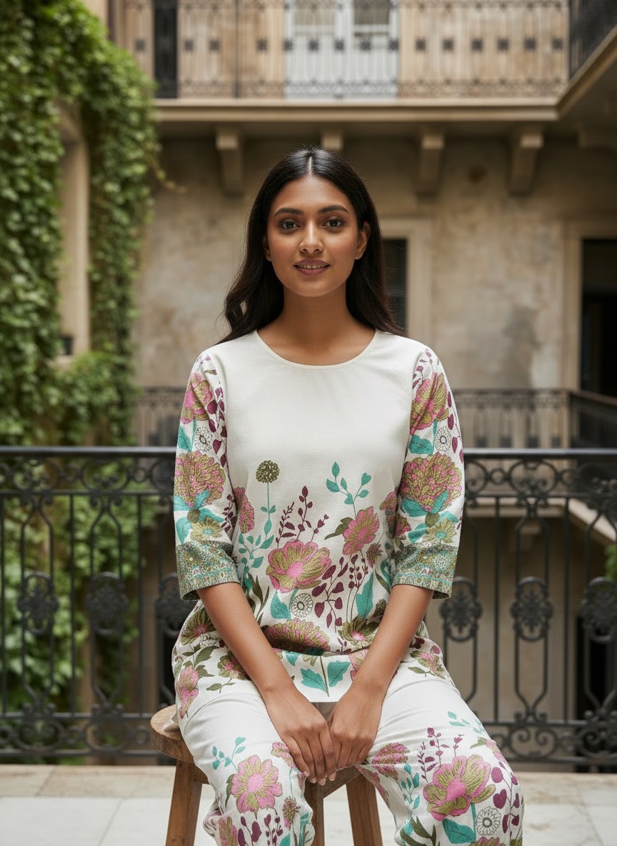 Ivory Multicolour Floral Print Khadi Cotton Co-ord Set - DC-102 - view 7