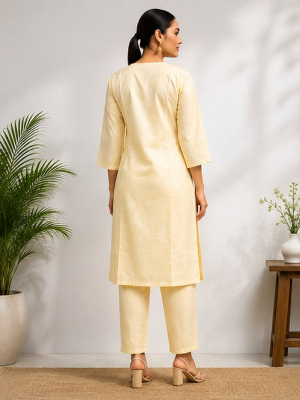 Lemon Yellow Silk Blend Co-ord Set with Floral Embroidery - DC-117 - view 4