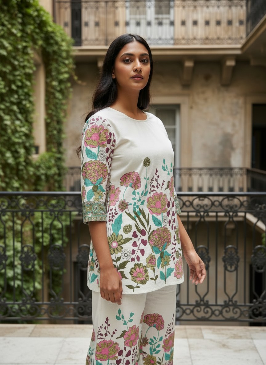 Ivory Multicolour Floral Print Khadi Cotton Co-ord Set - DC-102 - view 5