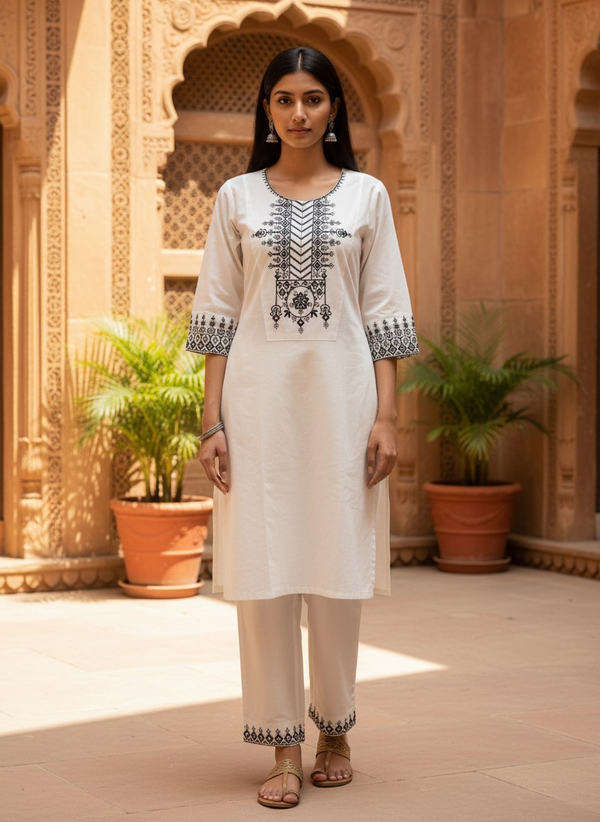 White Khadi Cotton Co-ord Set with Black Embroidery - DC-106 - view 1