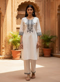 White Khadi Cotton Co-ord Set with Black Embroidery - DC-106 - view 1