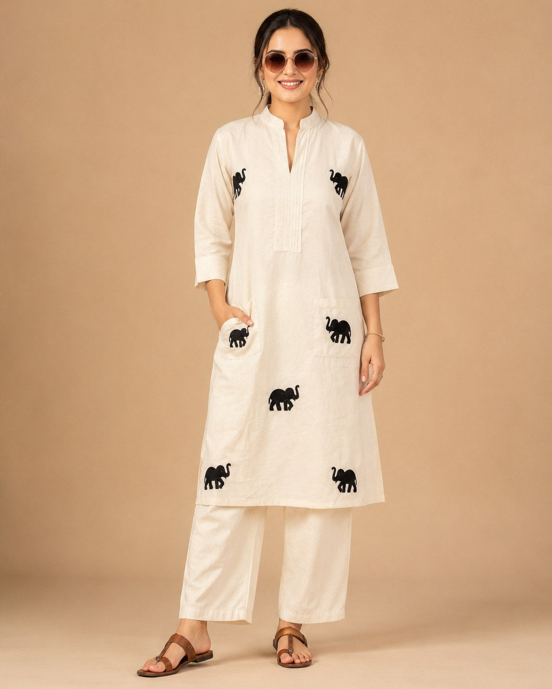 Off-White Elephant Embroidered Khadi Cotton Co-ord Set - DC-109 - view 2