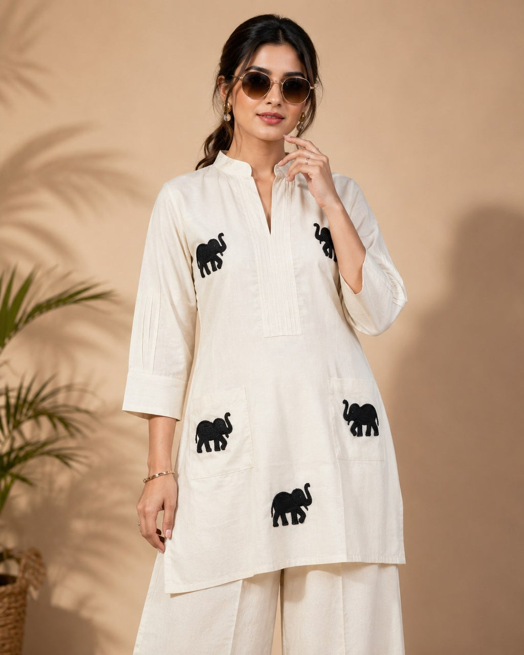 Off-White Elephant Embroidered Khadi Cotton Co-ord Set - DC-109 - view 4
