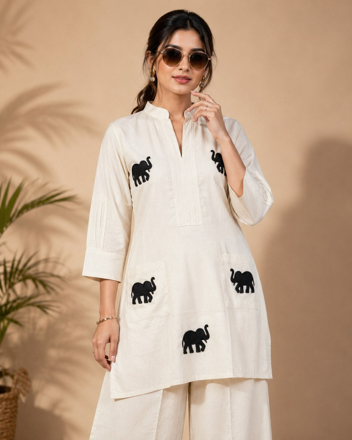 Off-White Elephant Embroidered Khadi Cotton Co-ord Set - DC-109 - view 4