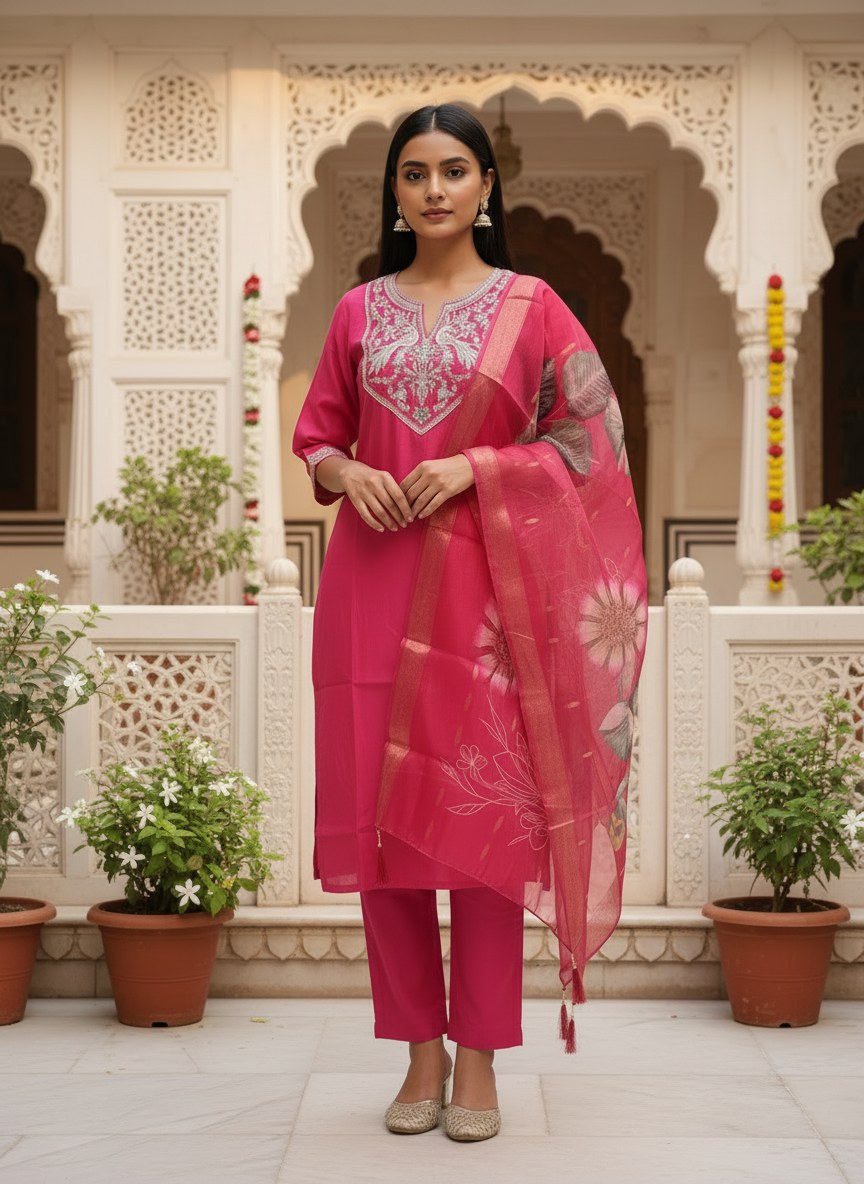 Rani Pink Roman Silk Embroidered Suit Set - DR-501 - view 1