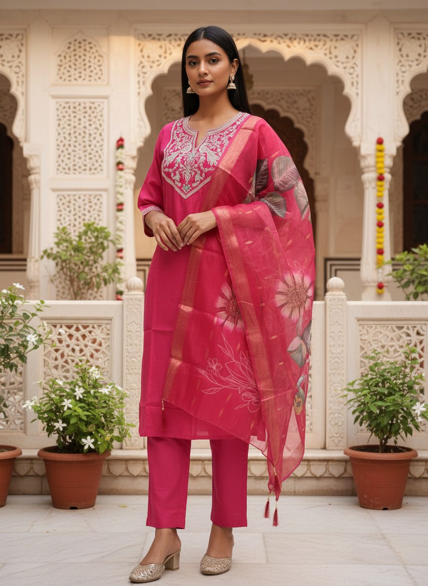 Rani Pink Roman Silk Embroidered Suit Set - DR-501 - view 2