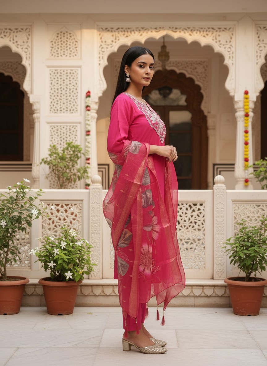 Rani Pink Roman Silk Embroidered Suit Set - DR-501 - view 3