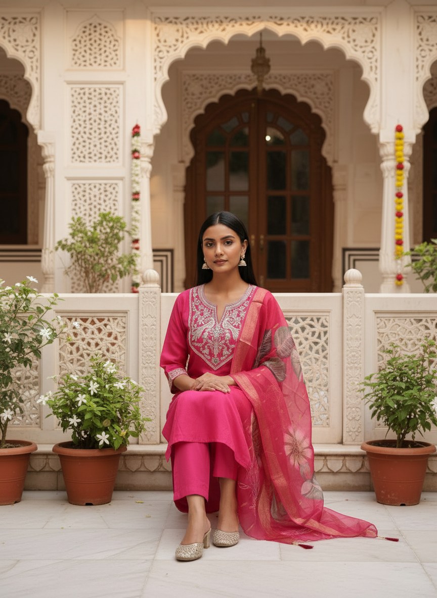 Rani Pink Roman Silk Embroidered Suit Set - DR-501 - view 4