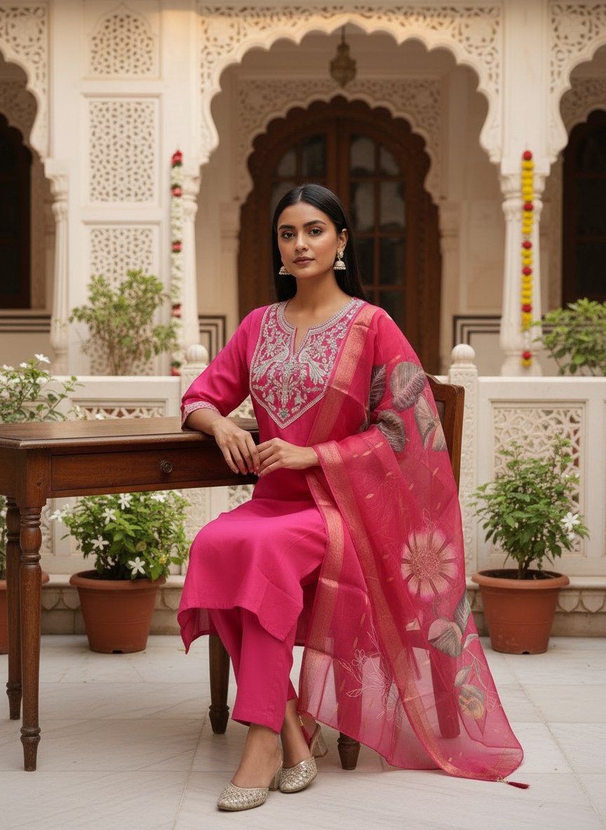 Rani Pink Roman Silk Embroidered Suit Set - DR-501 - view 5
