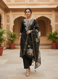 Black Roman Silk Embroidered Suit Set with Floral Dupatta - DR-502 - view 1