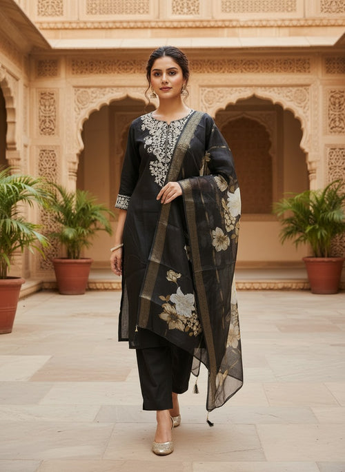 Black Roman Silk Embroidered Suit Set with Floral Dupatta - DR-502 - view 1