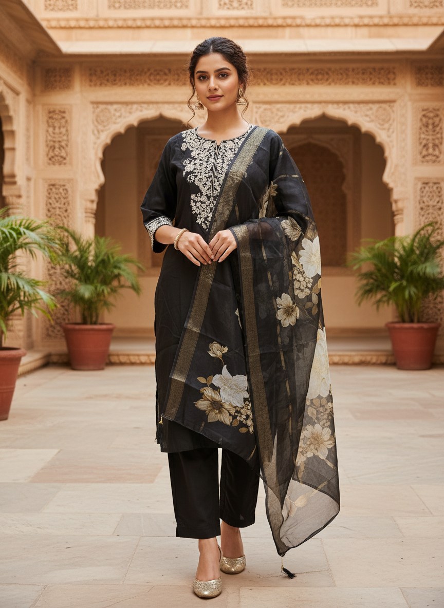 Black Roman Silk Embroidered Suit Set with Floral Dupatta - DR-502 - view 2