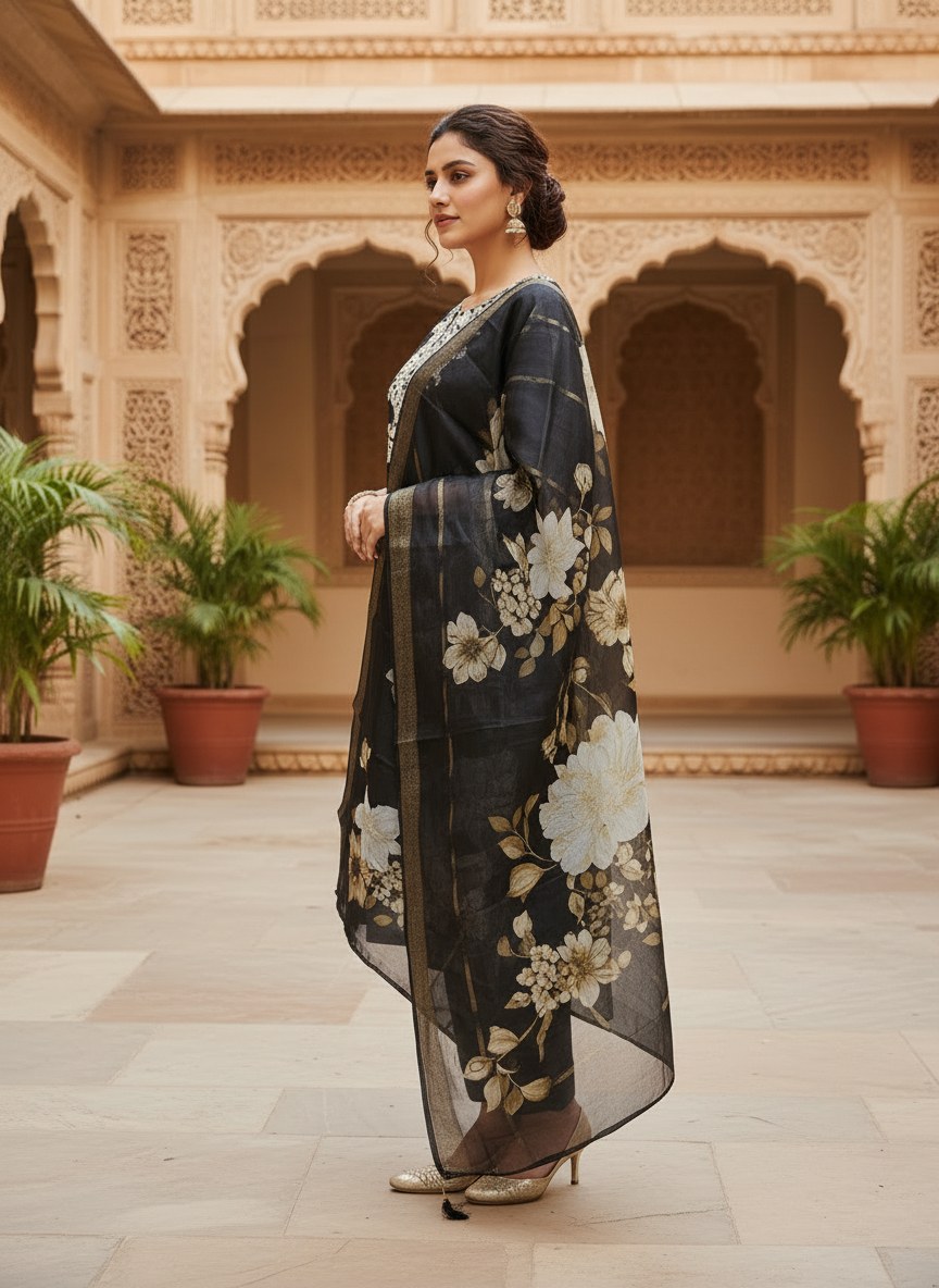 Black Roman Silk Embroidered Suit Set with Floral Dupatta - DR-502 - view 3