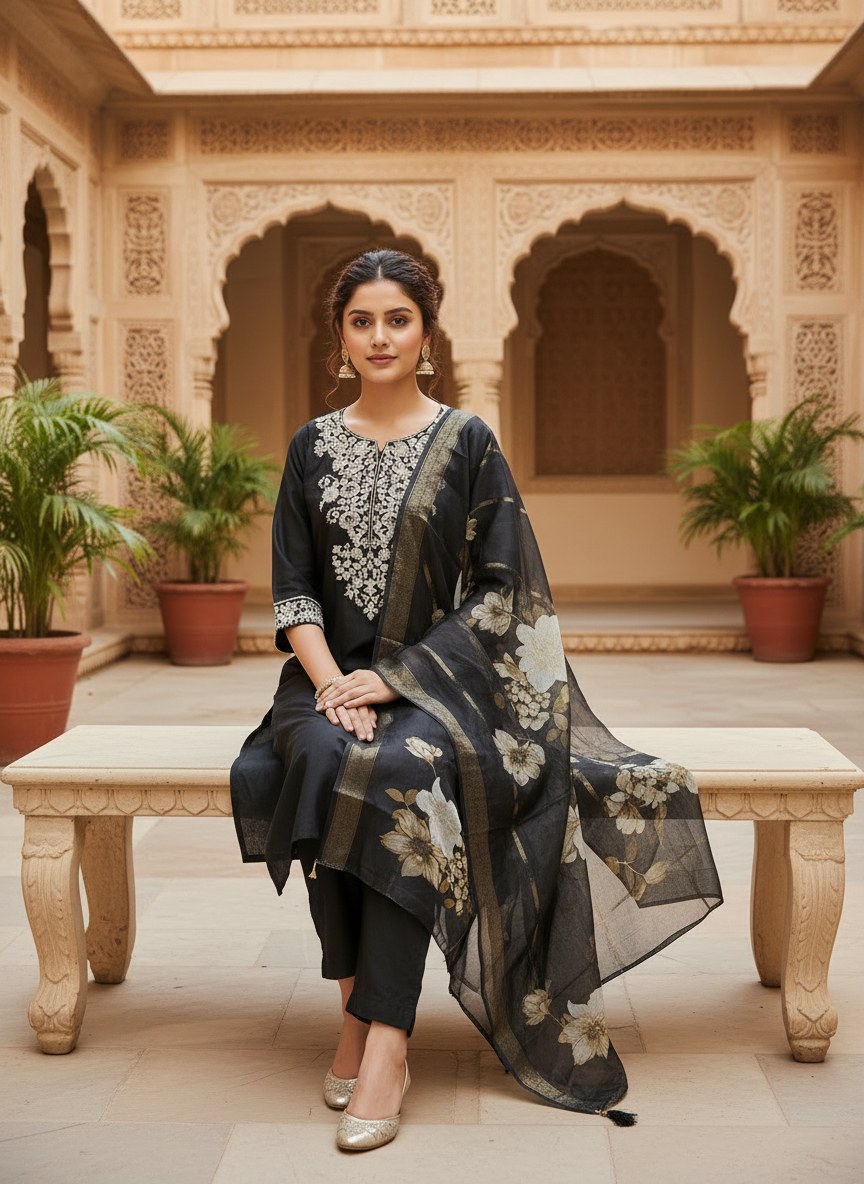 Black Roman Silk Embroidered Suit Set with Floral Dupatta - DR-502 - view 4