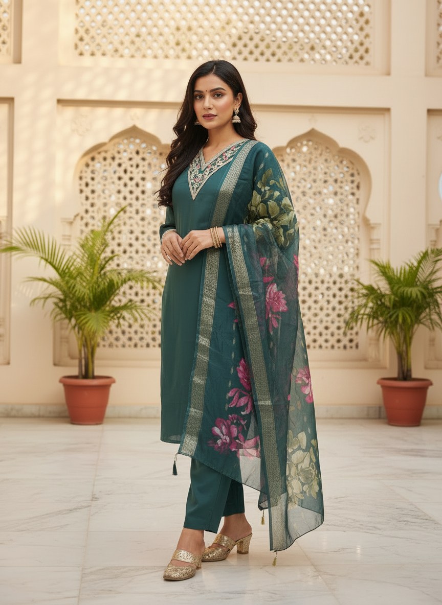 Teal Green Roman Silk V-Neck Suit Set with Floral Dupatta - DR-503 - view 1