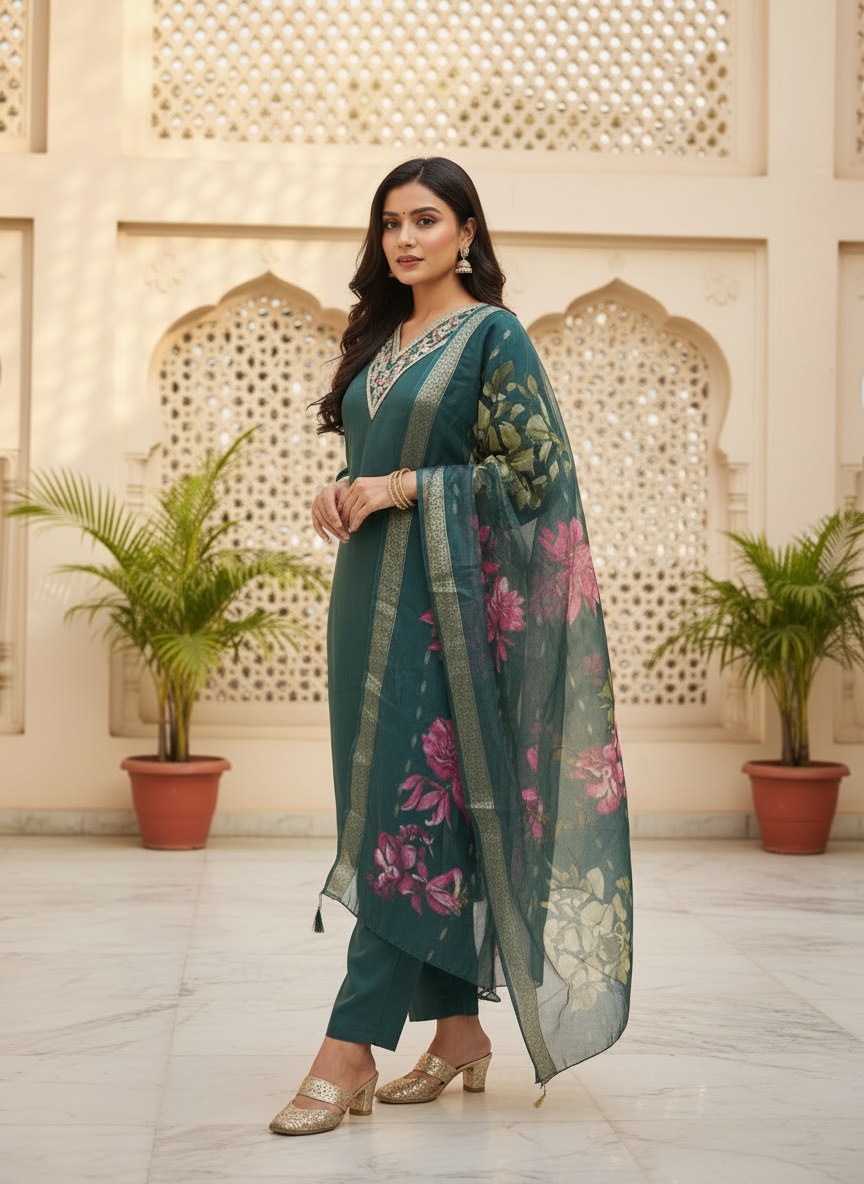 Teal Green Roman Silk V-Neck Suit Set with Floral Dupatta - DR-503 - view 2