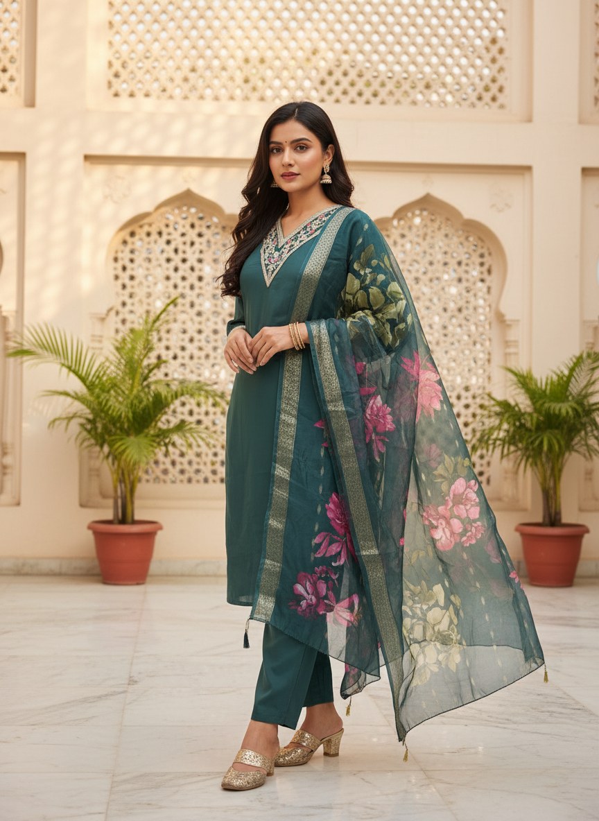 Teal Green Roman Silk V-Neck Suit Set with Floral Dupatta - DR-503 - view 3