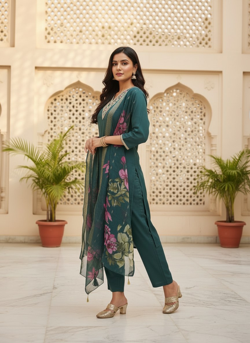 Teal Green Roman Silk V-Neck Suit Set with Floral Dupatta - DR-503 - view 4